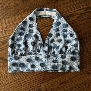 Vintage blue and white floral chamomile cropped halter top made in USA